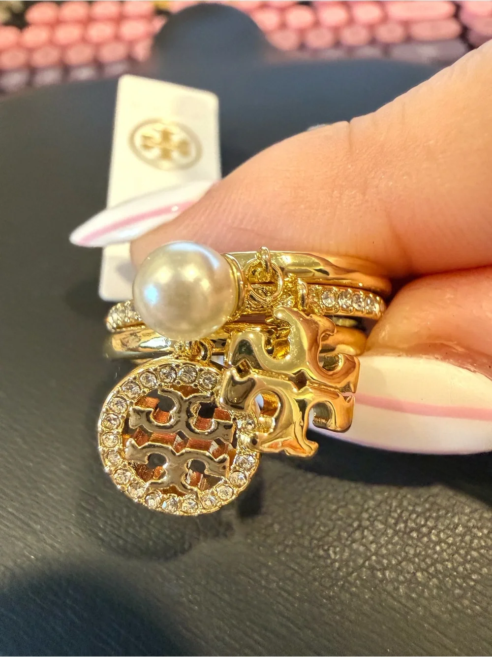 Tory Burch | Gold-Plated, Pearl & Pave Crystal Logo Charm Ring | Size 7